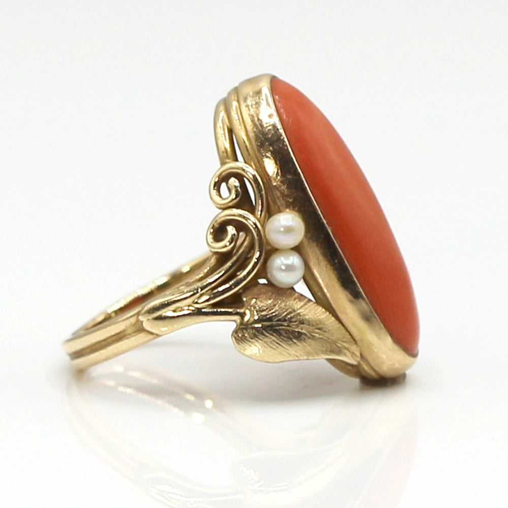 14K Yellow Gold Ring with Coral Oval Cabochon and Pearls SIZE 5