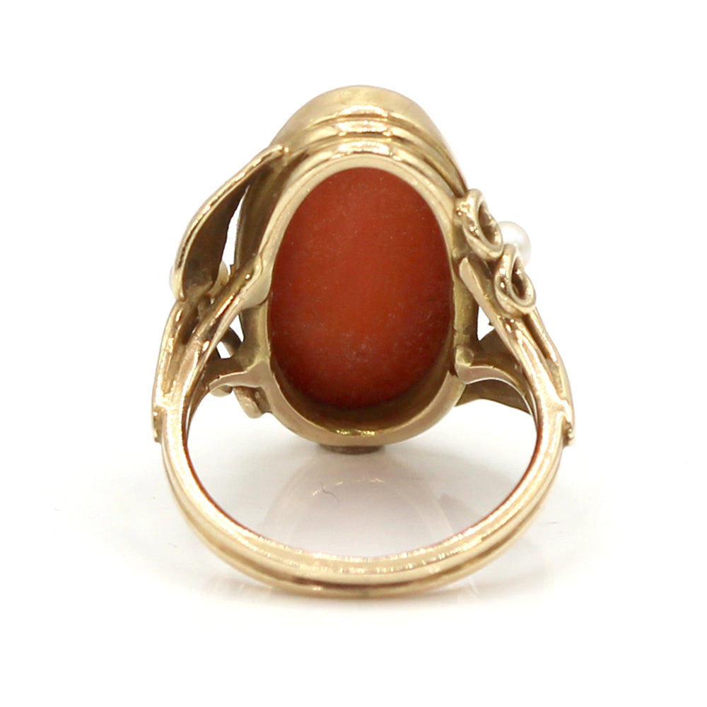 14K Yellow Gold Ring with Coral Oval Cabochon and Pearls SIZE 5