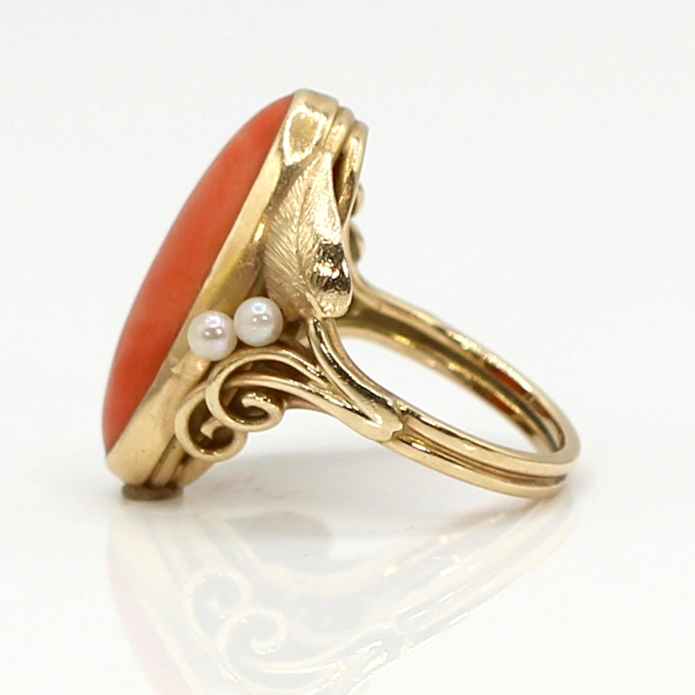 14K Yellow Gold Ring with Coral Oval Cabochon and Pearls SIZE 5