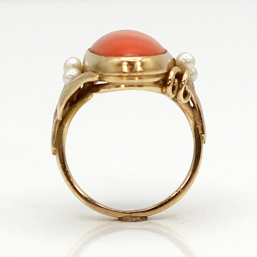 14K Yellow Gold Ring with Coral Oval Cabochon and Pearls SIZE 5