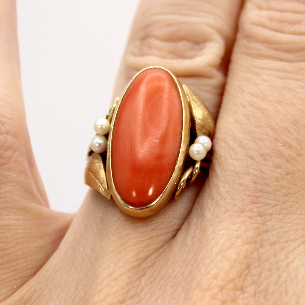 14K Yellow Gold Ring with Coral Oval Cabochon and Pearls SIZE 5