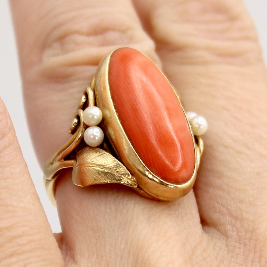 14K Yellow Gold Ring with Coral Oval Cabochon and Pearls SIZE 5