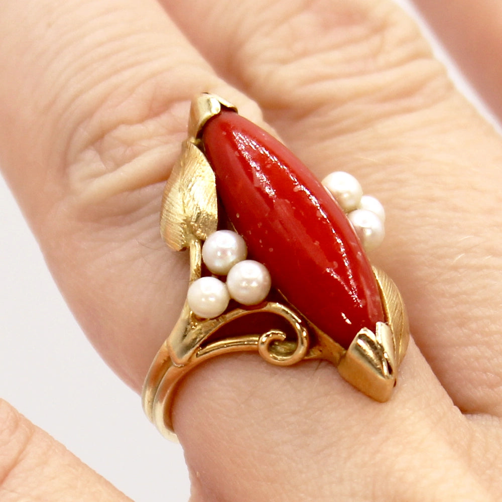 14K Yellow Gold Ring with Coral Marquis Cabochon and Pearls SIZE 5