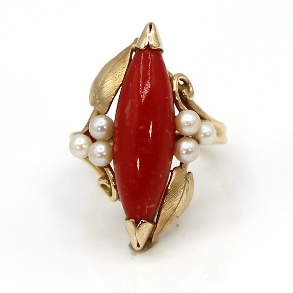 14K Yellow Gold Ring with Coral Marquis Cabochon and Pearls SIZE 5