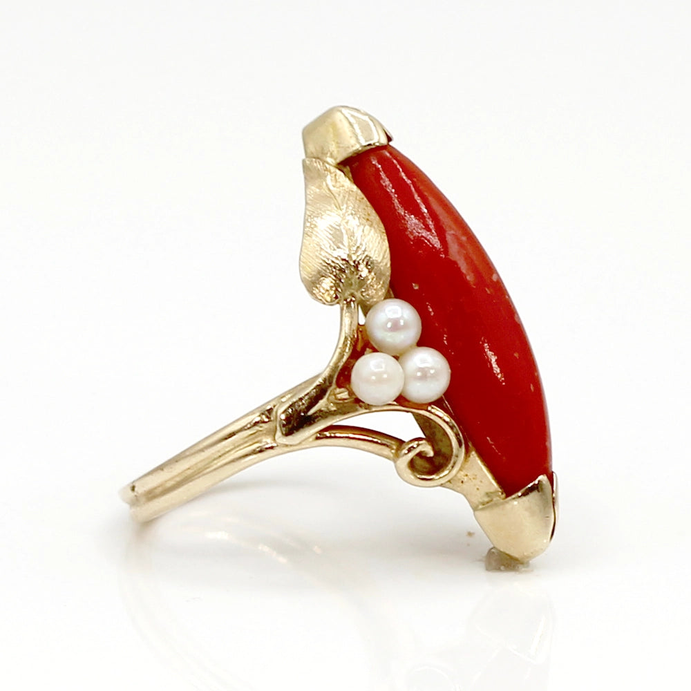 14K Yellow Gold Ring with Coral Marquis Cabochon and Pearls SIZE 5