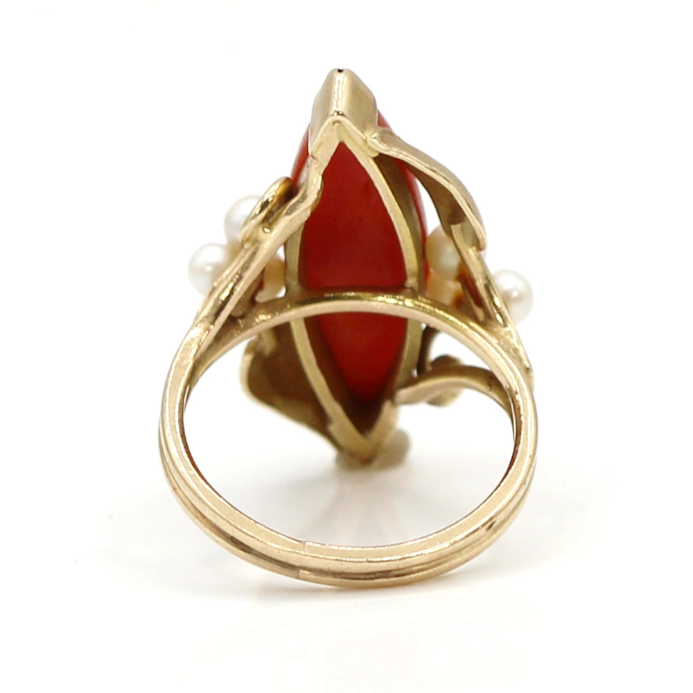 14K Yellow Gold Ring with Coral Marquis Cabochon and Pearls SIZE 5