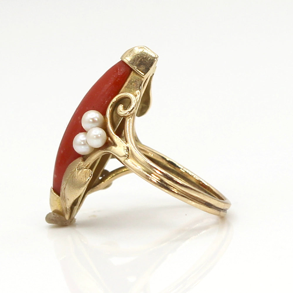 14K Yellow Gold Ring with Coral Marquis Cabochon and Pearls SIZE 5