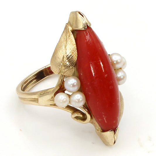 14K Yellow Gold Ring with Coral Marquis Cabochon and Pearls SIZE 5