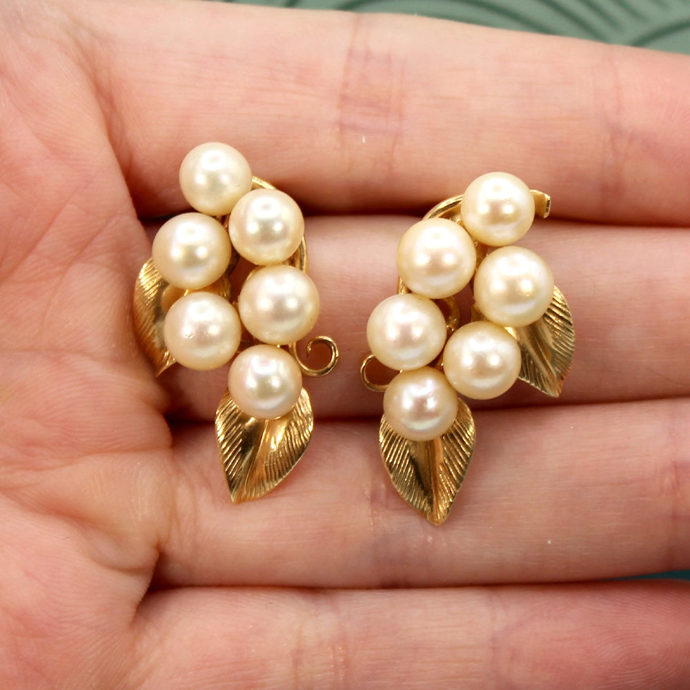 Ming’s 14K Yellow Gold and Cultured Pearl Cluster Clip On Earrings