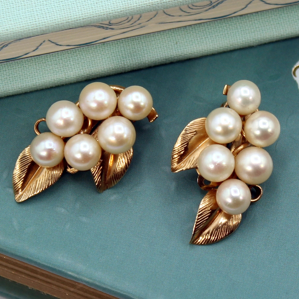 Ming’s 14K Yellow Gold and Cultured Pearl Cluster Clip On Earrings