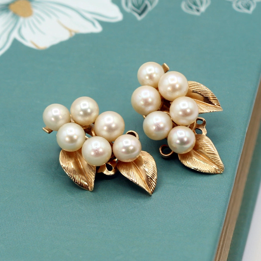 Ming’s 14K Yellow Gold and Cultured Pearl Cluster Clip On Earrings