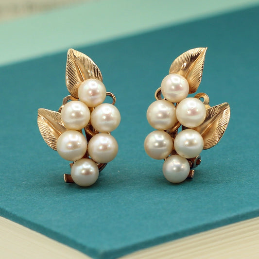 Ming’s 14K Yellow Gold and Cultured Pearl Cluster Clip On Earrings