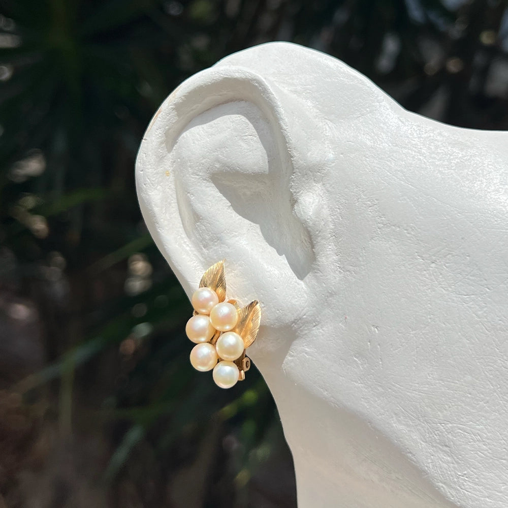 Ming’s 14K Yellow Gold and Cultured Pearl Cluster Clip On Earrings