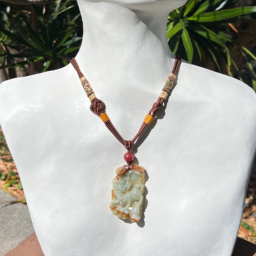 Carved Green and Red Jade Longma Pendant and Necklace