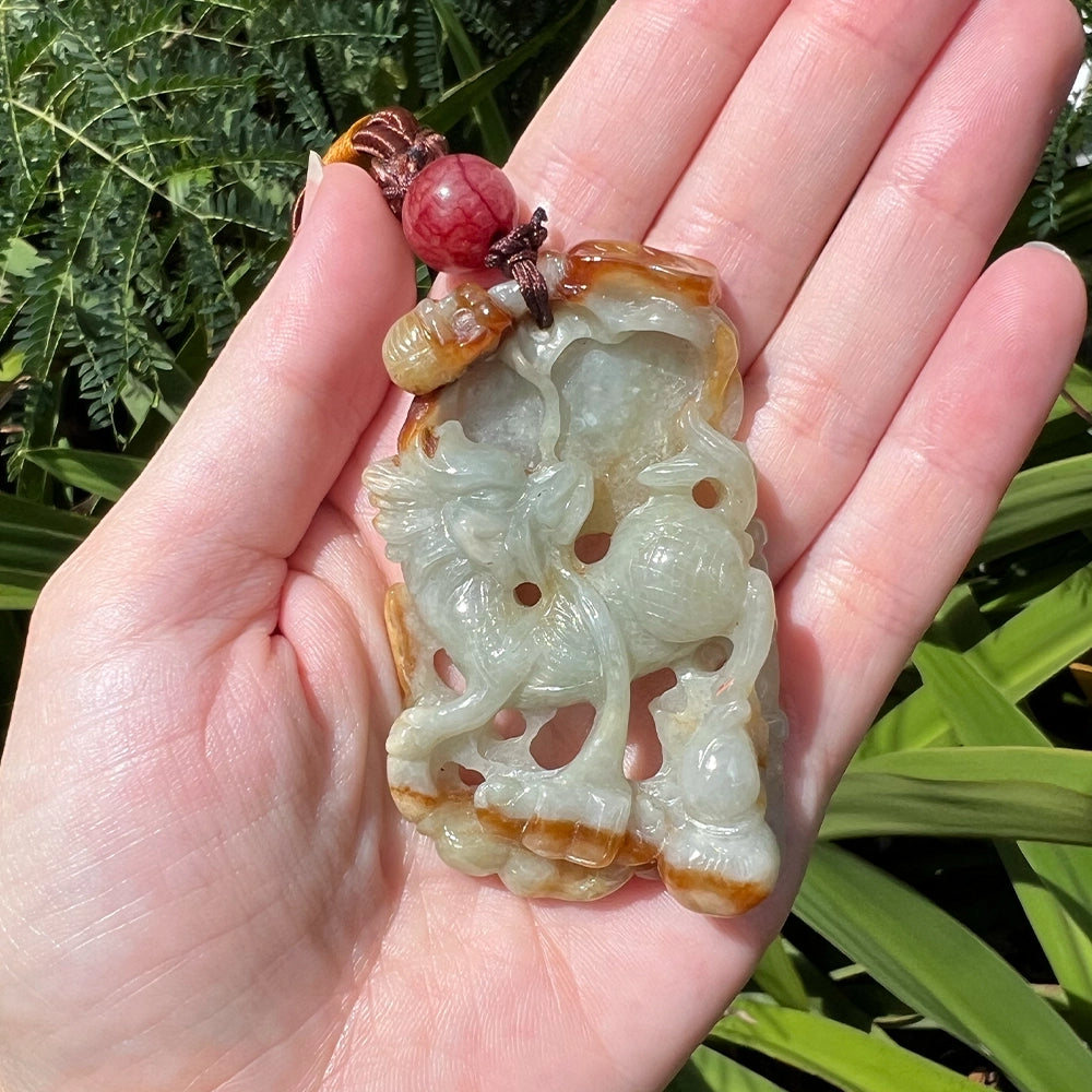 Carved Green and Red Jade Longma Pendant and Necklace