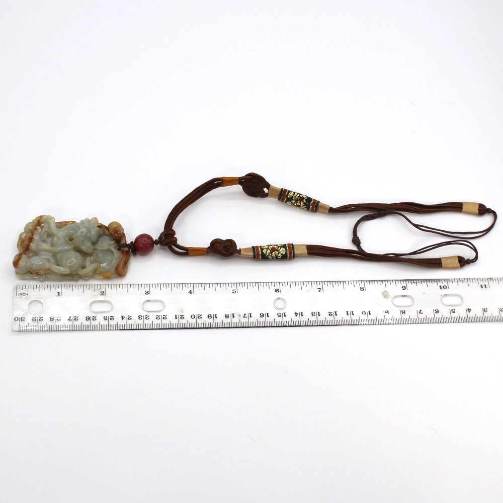 Carved Green and Red Jade Longma Pendant and Necklace