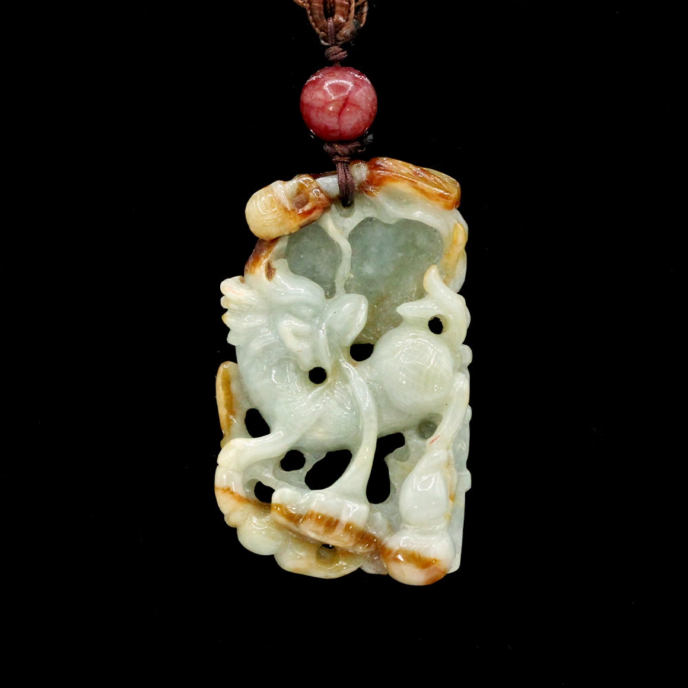 Carved Green and Red Jade Longma Pendant and Necklace