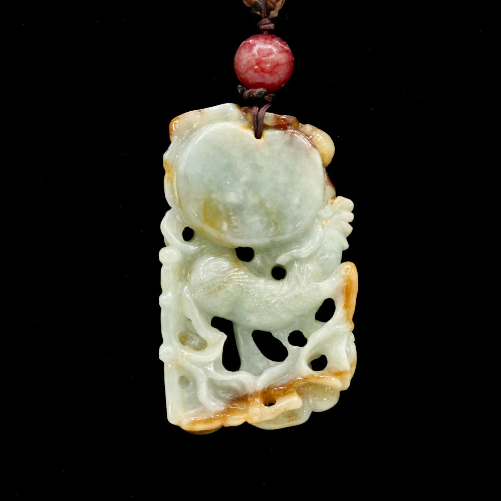Carved Green and Red Jade Longma Pendant and Necklace
