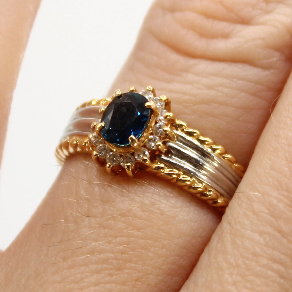 Sapphire and Diamond Halo Ring in 18K Yellow Gold and Platinum SIZE 5.75