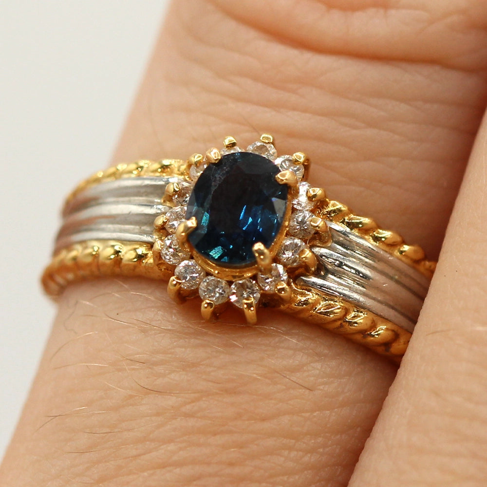 Sapphire and Diamond Halo Ring in 18K Yellow Gold and Platinum SIZE 5.75