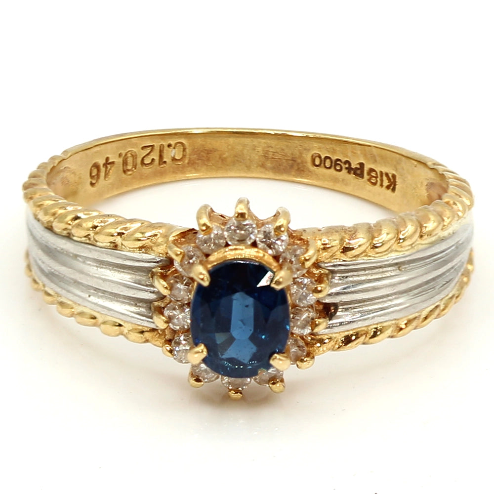 Sapphire and Diamond Halo Ring in 18K Yellow Gold and Platinum SIZE 5.75