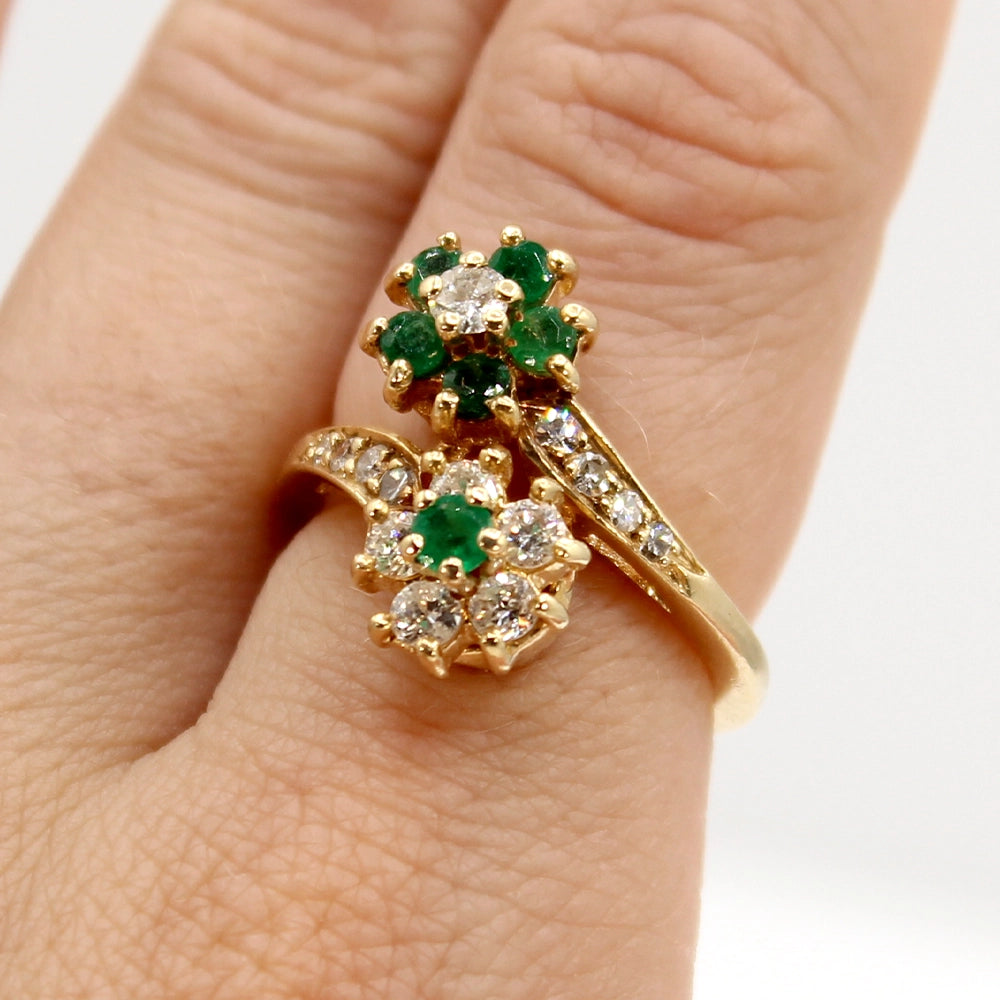 Emerald and Diamond Double Flower Bypass Ring in 14K Yellow Gold SIZE 6.25
