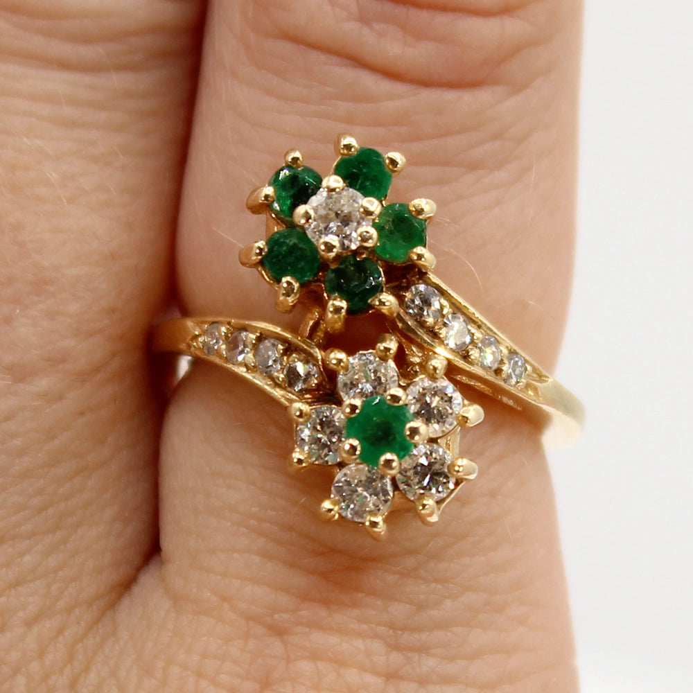Emerald and Diamond Double Flower Bypass Ring in 14K Yellow Gold SIZE 6.25