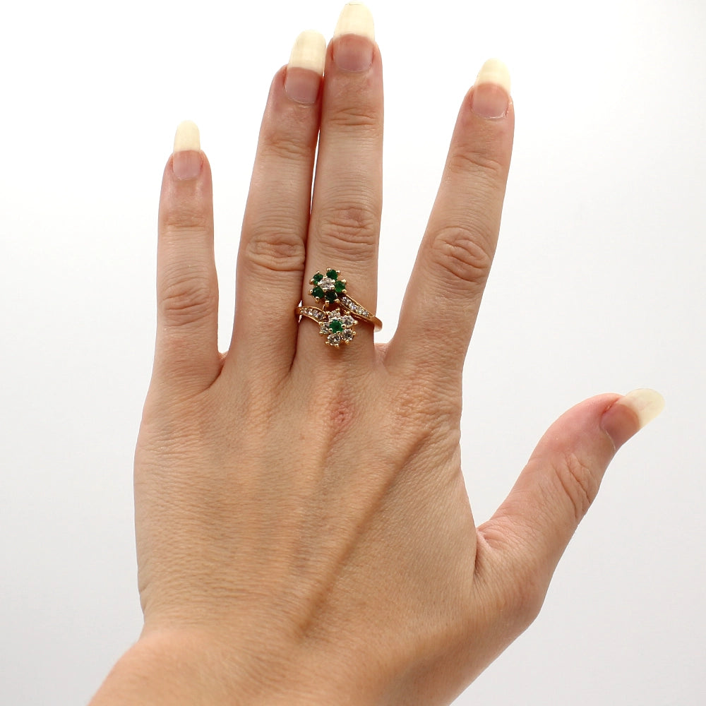 Emerald and Diamond Double Flower Bypass Ring in 14K Yellow Gold SIZE 6.25