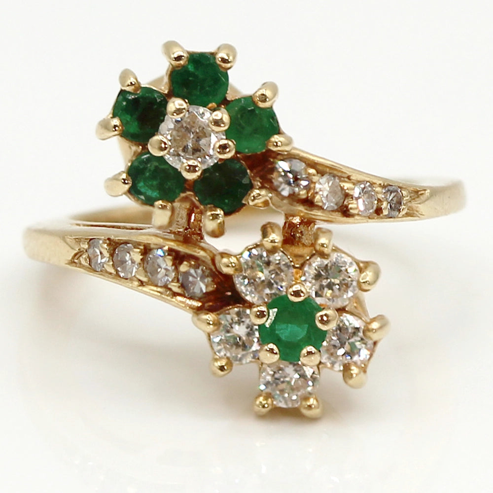 Emerald and Diamond Double Flower Bypass Ring in 14K Yellow Gold SIZE 6.25