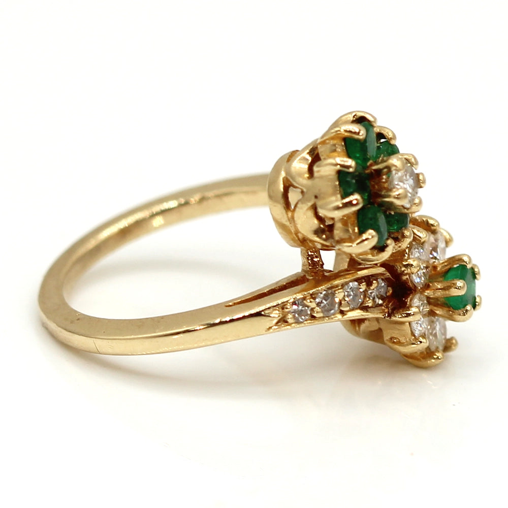 Emerald and Diamond Double Flower Bypass Ring in 14K Yellow Gold SIZE 6.25