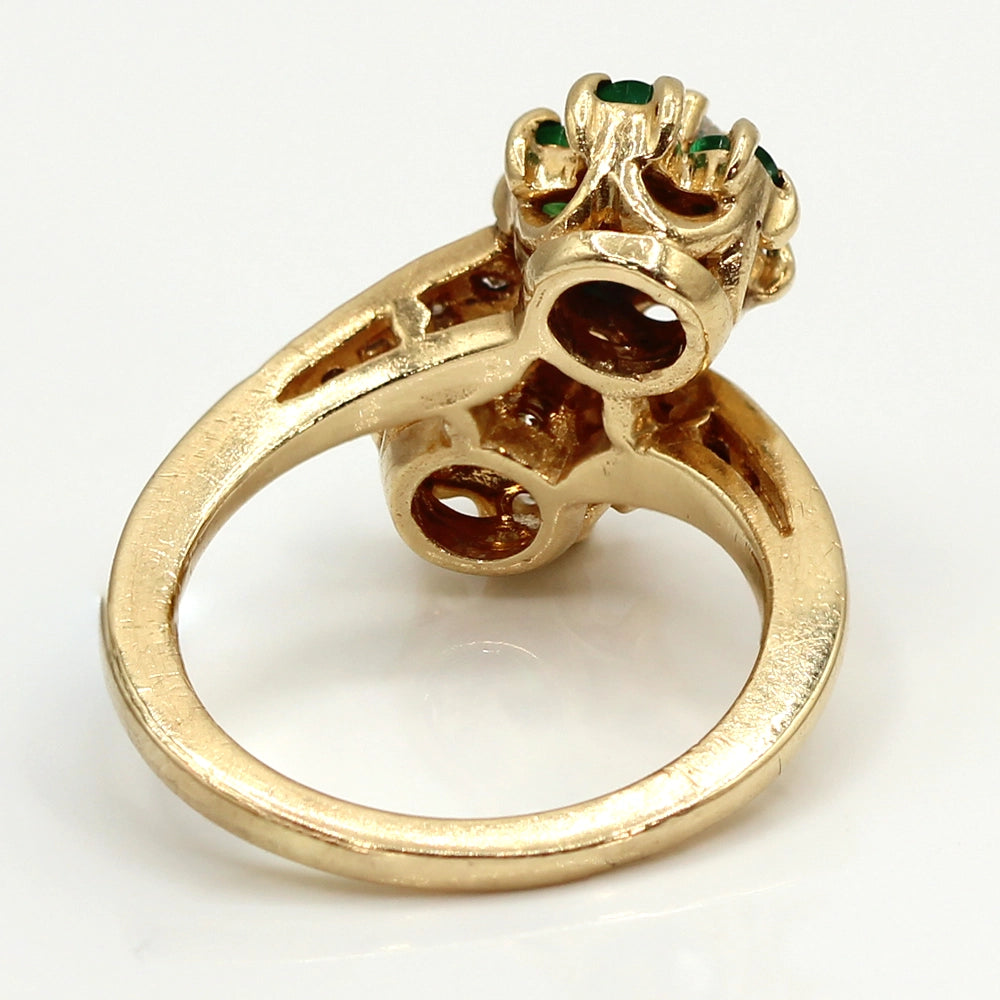 Emerald and Diamond Double Flower Bypass Ring in 14K Yellow Gold SIZE 6.25