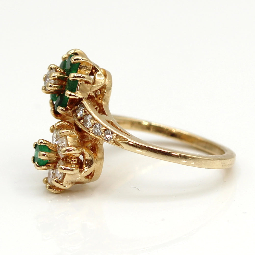 Emerald and Diamond Double Flower Bypass Ring in 14K Yellow Gold SIZE 6.25
