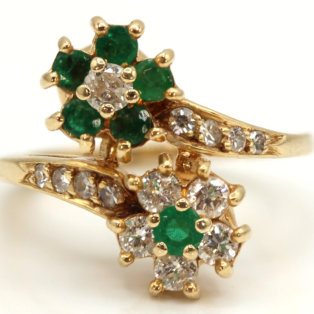 Emerald and Diamond Double Flower Bypass Ring in 14K Yellow Gold SIZE 6.25