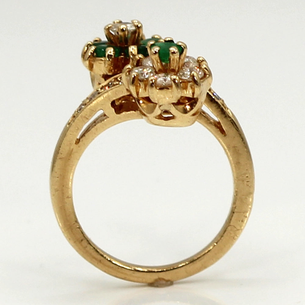 Emerald and Diamond Double Flower Bypass Ring in 14K Yellow Gold SIZE 6.25