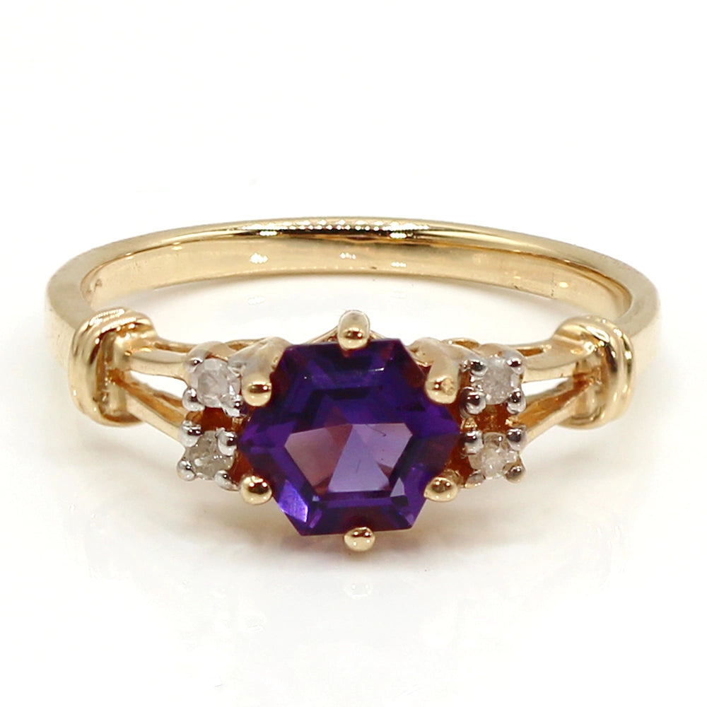 Hexagonal Cut Amethyst and Diamond Ring in 14K Yellow Gold SIZE 6.5