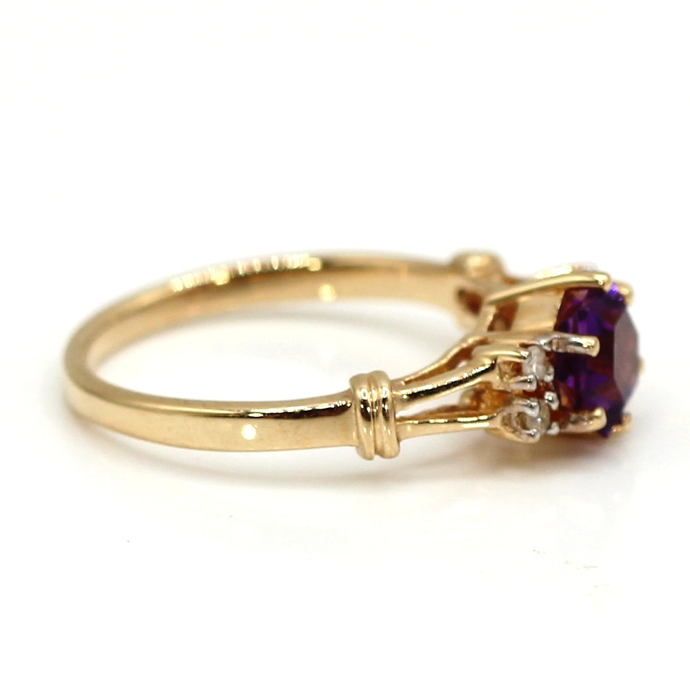 Hexagonal Cut Amethyst and Diamond Ring in 14K Yellow Gold SIZE 6.5