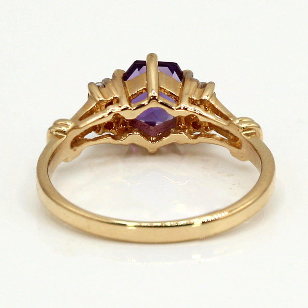 Hexagonal Cut Amethyst and Diamond Ring in 14K Yellow Gold SIZE 6.5