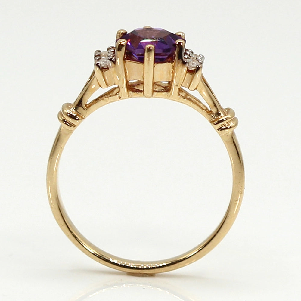 Hexagonal Cut Amethyst and Diamond Ring in 14K Yellow Gold SIZE 6.5
