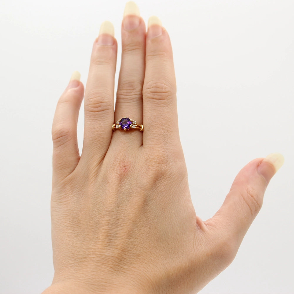 Hexagonal Cut Amethyst and Diamond Ring in 14K Yellow Gold SIZE 6.5
