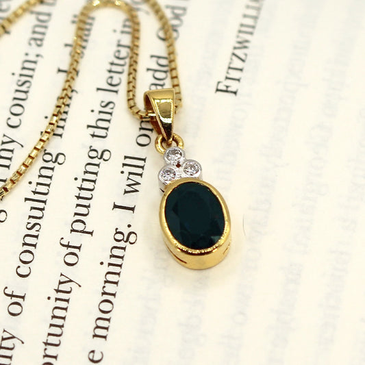 Sapphire and Diamond Pendant in 18K Yellow Gold with 16 inch Box Chain