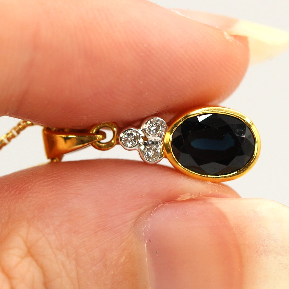 Sapphire and Diamond Pendant in 18K Yellow Gold with 16 inch Box Chain
