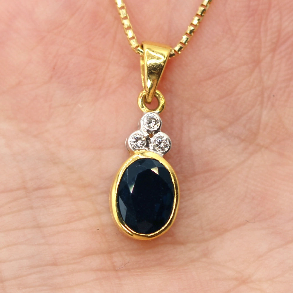 Sapphire and Diamond Pendant in 18K Yellow Gold with 16 inch Box Chain