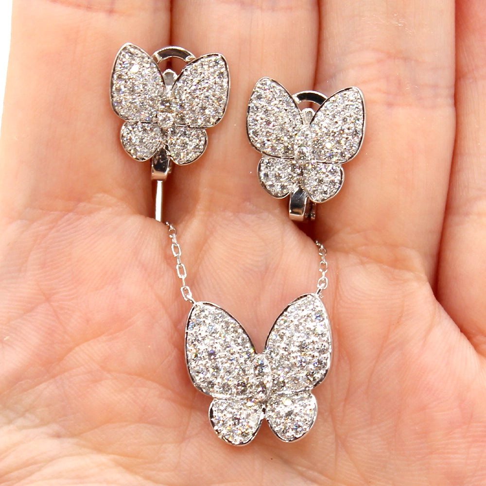 Diamond Butterfly Necklace and Earring Set in 18K White Gold