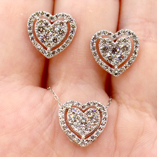 Diamond and 18K White Gold Heart Pendant and Earring Set with Chain