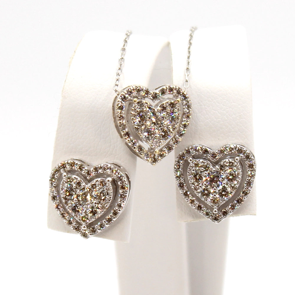 Diamond and 18K White Gold Heart Pendant and Earring Set with Chain