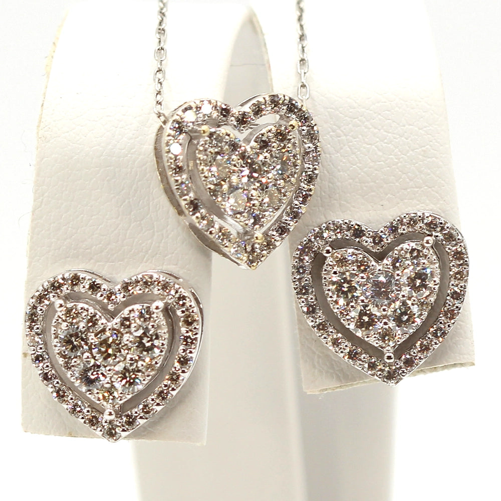 Diamond and 18K White Gold Heart Pendant and Earring Set with Chain