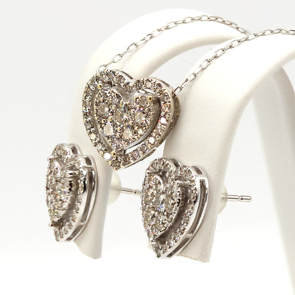 Diamond and 18K White Gold Heart Pendant and Earring Set with Chain
