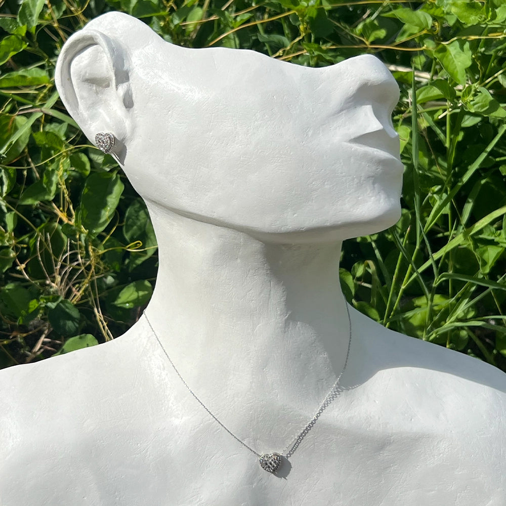 Diamond and 18K White Gold Heart Pendant and Earring Set with Chain