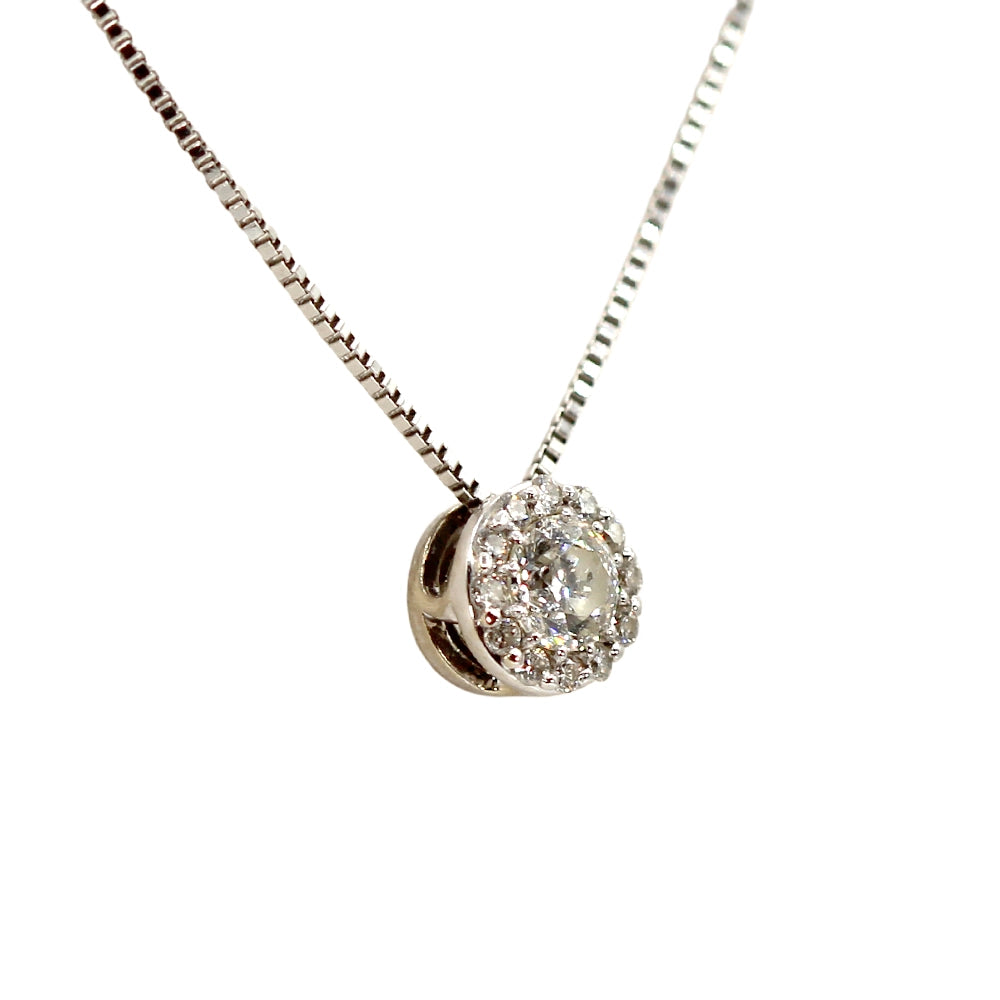 14K White Gold and 0.35ctw Diamond Halo Pendant with 18 inch Box Chain