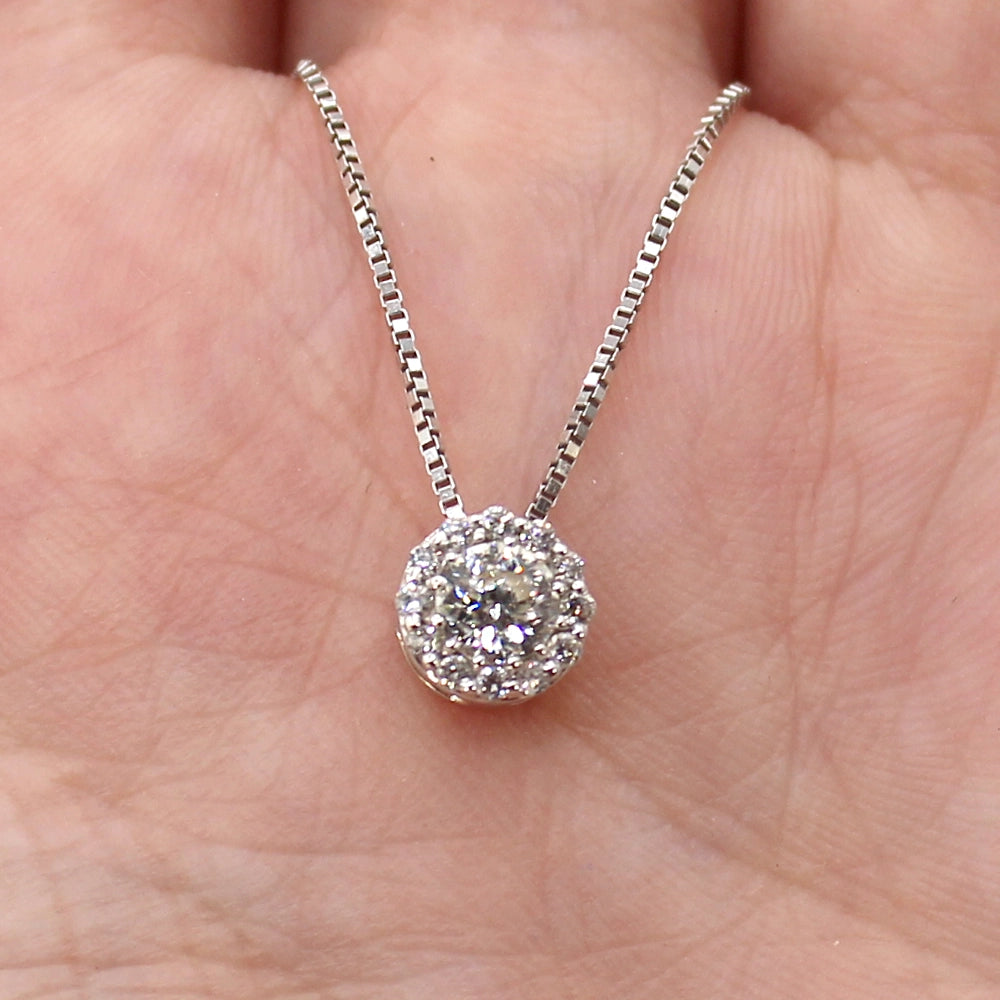 14K White Gold and 0.35ctw Diamond Halo Pendant with 18 inch Box Chain